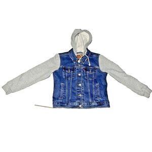 Levis Jacket Boys Girls size Large Blue Denim Gray Hoodie Hood Trucker 4 Pockets